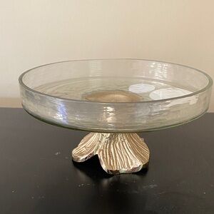 Gold Petal Leaf and Textured Glass Rimmed Plate Cake Stand 7.5” New